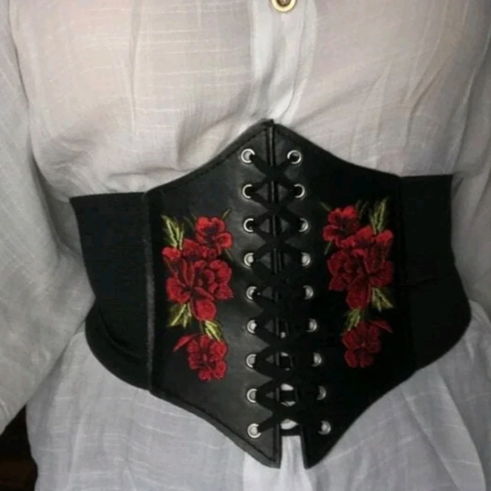 Floral Embroidered Corset Boho Black Waist Belt Elastic Western Whimsigoth